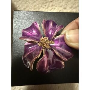 Enamel Flower Brooch Purple Gold Tone Statement Pin Vintage Inspired